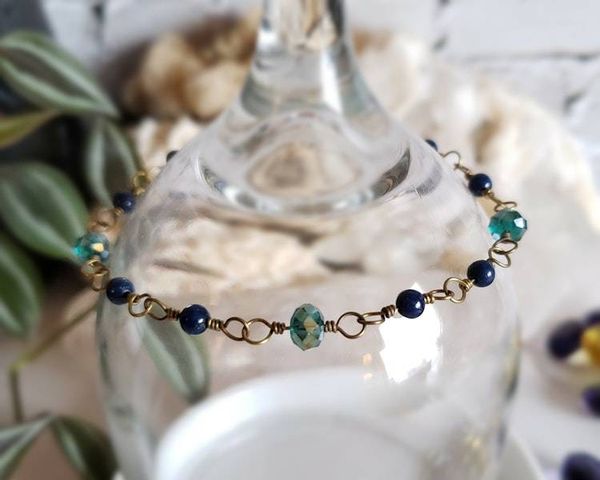 Alternate image for Lapis Lazuli, Peacock Glass and Brass Bracelet