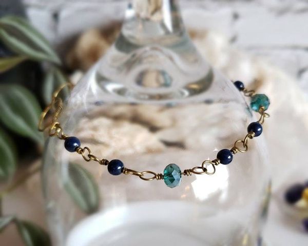 Alternate image for Lapis Lazuli, Peacock Glass and Brass Bracelet