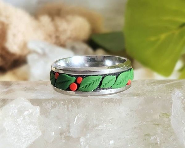Alternate image for Christmas Berry Polymer Clay and Stainless Steel Ring