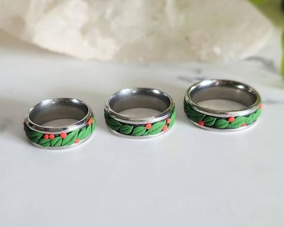 Alternate image for Christmas Berry Polymer Clay and Stainless Steel Ring