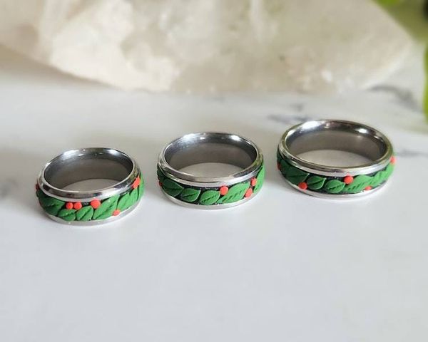 Alternate image for Christmas Berry Polymer Clay and Stainless Steel Ring