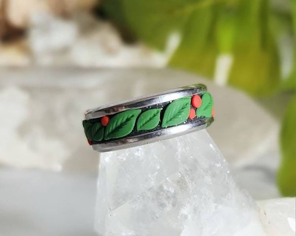 Alternate image for Christmas Berry Polymer Clay and Stainless Steel Ring