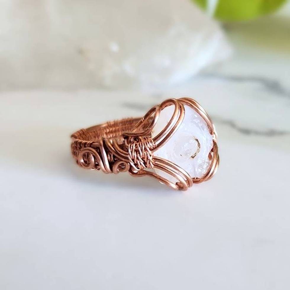 Chalcedony Rose Copper Wire Wrapped Ring