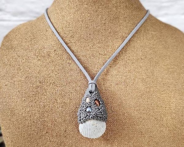 Alternate image for Grey Shell and Pearl Polymer Clay Pendant