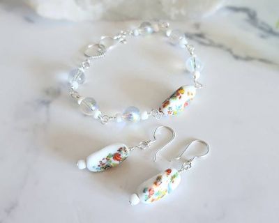 Alternate image for Vintage Porcelain Sterling Silver Jewelry Set