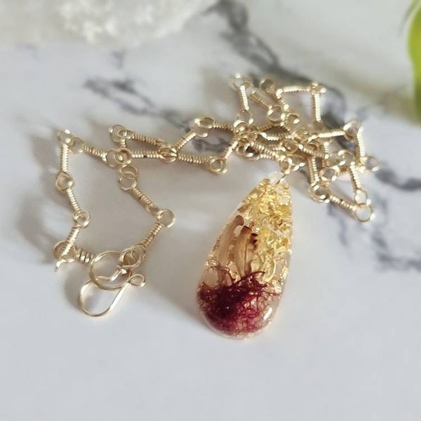 Alternate image for Red Moss, Gold Leaf and Real Mushroom Gold-Toned Sterling Silver Necklace