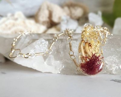 Alternate image for Red Moss, Gold Leaf and Real Mushroom Gold-Toned Sterling Silver Necklace