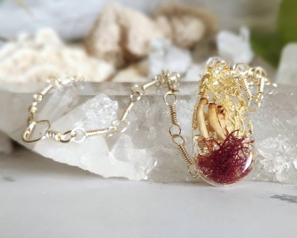 Alternate image for Red Moss, Gold Leaf and Real Mushroom Gold-Toned Sterling Silver Necklace
