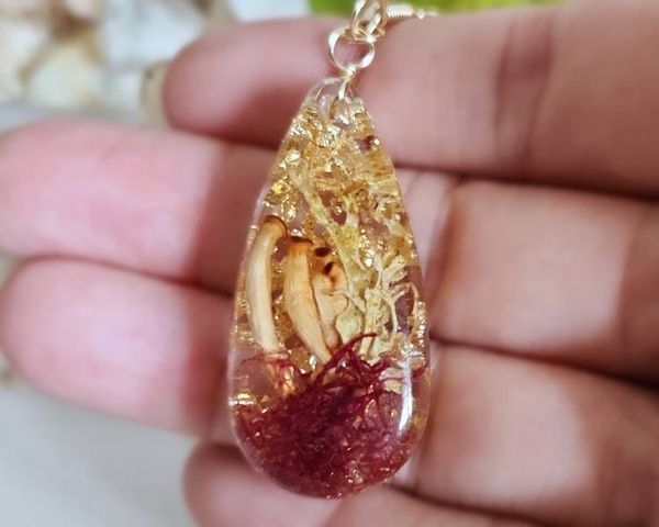 Alternate image for Red Moss, Gold Leaf and Real Mushroom Gold-Toned Sterling Silver Necklace