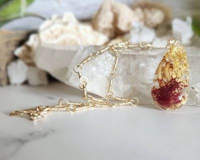 Alternate image for Red Moss, Gold Leaf and Real Mushroom Gold-Toned Sterling Silver Necklace