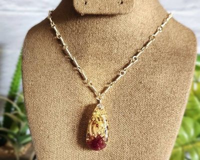 Alternate image for Red Moss, Gold Leaf and Real Mushroom Gold-Toned Sterling Silver Necklace