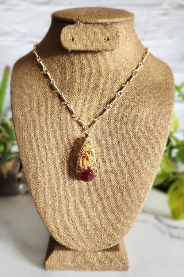 Alternate image for Red Moss, Gold Leaf and Real Mushroom Gold-Toned Sterling Silver Necklace