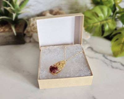 Alternate image for Red Moss, Gold Leaf and Real Mushroom Gold-Toned Sterling Silver Necklace