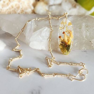 Alternate image for Moss, Gold Leaf and Real Mushroom Gold-Toned Sterling Silver Necklace