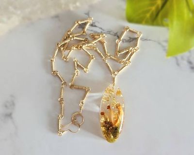 Alternate image for Moss, Gold Leaf and Real Mushroom Gold-Toned Sterling Silver Necklace
