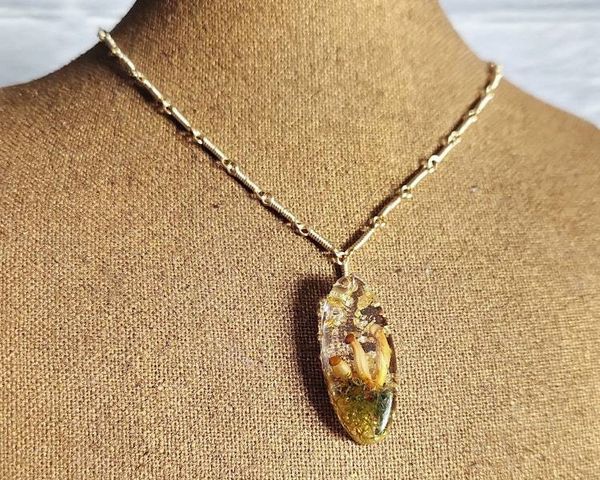 Alternate image for Moss, Gold Leaf and Real Mushroom Gold-Toned Sterling Silver Necklace