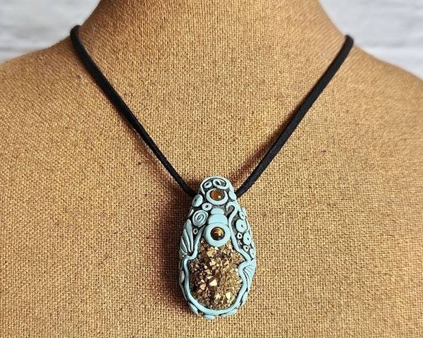 Alternate image for Titanium Druzy Quartz and Tigers Eye Pisces Zodiac Pendant