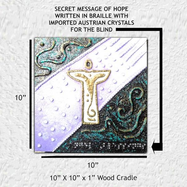 Alternate image for Angels Blessings No. 3 - Original 3D Textured Painting on Wood Cradle with Austrian Crystal Braille - 10 x 10 x 1 - Multi-Layer Raised Swirls - Unframed - Free Shipping