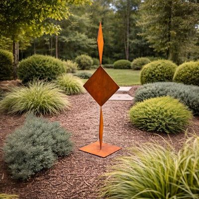 Alternate image for Geometric Metal Garden Sculpture | 48 Rusted Steel Outdoor Art | Aligned