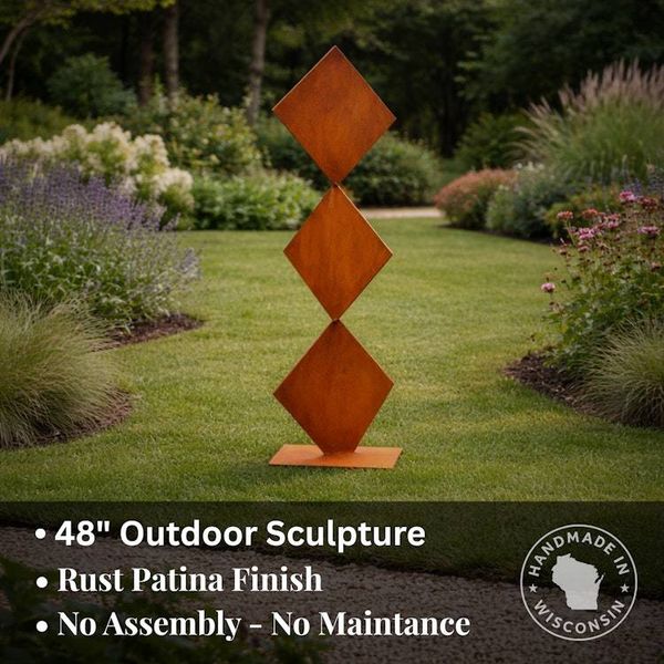 Alternate image for 48 Rusted Steel Garden Sculpture | Modern Metal Yard Art | Geometric Outdoor Sculpture | Freestanding Landscape Accent