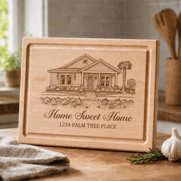 Image for Custom House Portrait Cutting Board, Engraved Photo on Wood Charcuterie Board, Realtor Housewarming Gift, Personalized New Home Closing Gift