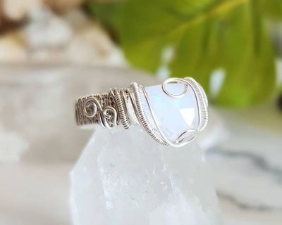 Alternate image for Rainbow Moonstone Sterling Silver Wire Wrapped Ring