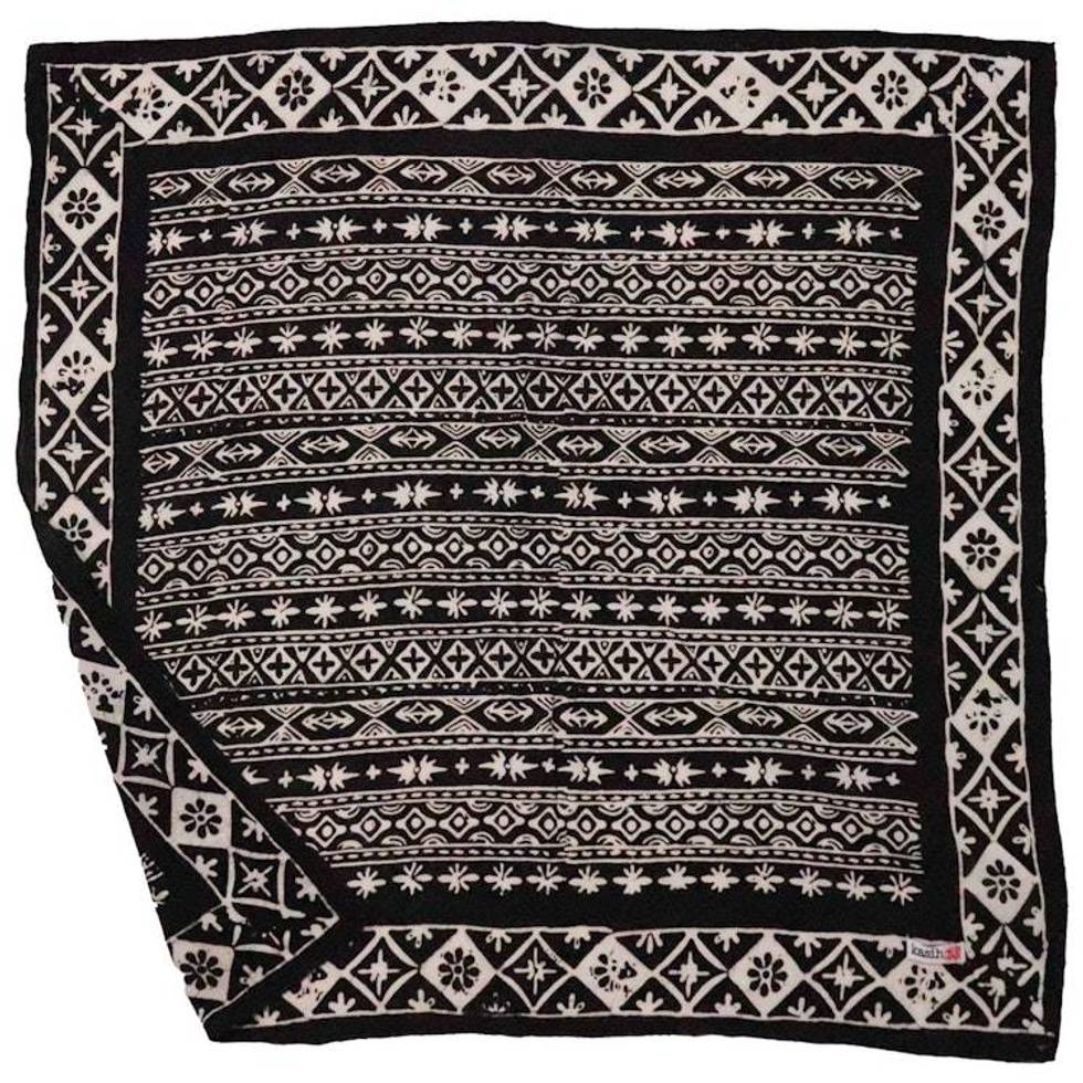 Hand Dyed Batik Bandana, 100% Cotton, Black White Geometric, Hand-stamped