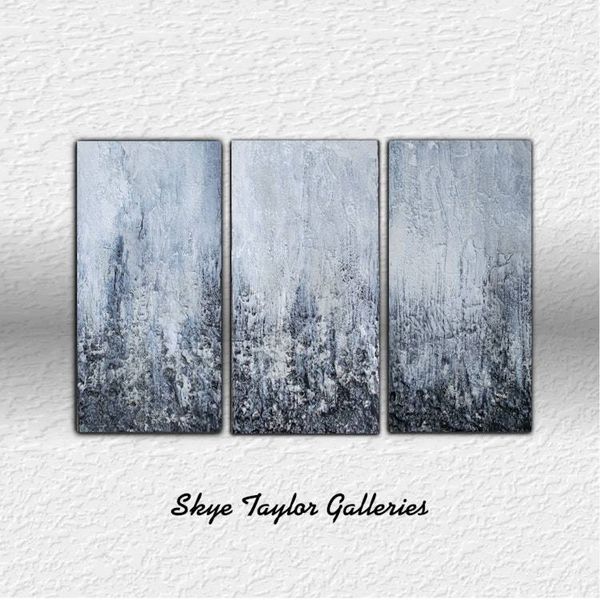 Alternate image for Black Sea - Original 3-Piece Abstract Impasto Triptych Painting on Gallery Wrapped Canvas - 10 x 20 x 1.5 Each - Ready to Hang - Free Shipping