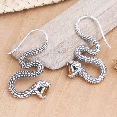 Primary image for Sterling Silver Snake Drop Earrings with Citrine Stones Striking Snake in Yellow
