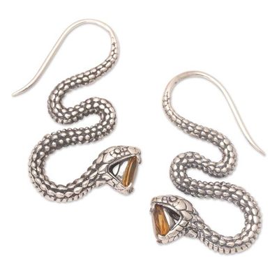 Alternate image for Sterling Silver Snake Drop Earrings with Citrine Stones Striking Snake in Yellow