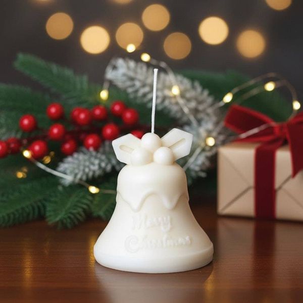 Alternate image for Handcrafted White Wax Christmas Bell Candle with Holly Accent