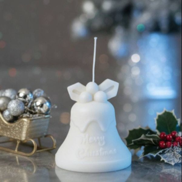 Alternate image for Handcrafted White Wax Christmas Bell Candle with Holly Accent
