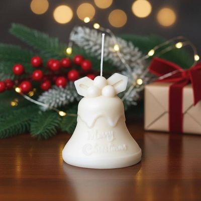 Alternate image for Handcrafted White Wax Christmas Bell Candle with Holly Accent