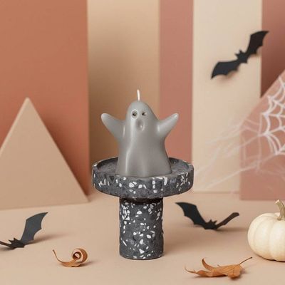 Alternate image for Handcrafted Ghost Candle with Speckled Terrazzo Holder - Halloween Decor