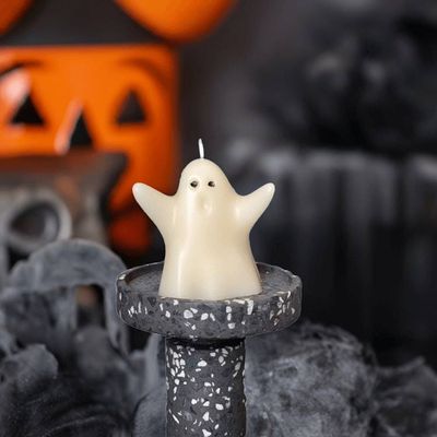Alternate image for Handcrafted Ghost Candle with Speckled Terrazzo Holder - Halloween Decor
