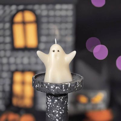 Alternate image for Handcrafted Ghost Candle with Speckled Terrazzo Holder - Halloween Decor