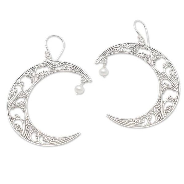 Alternate image for Crescent Moon Cultured Pearl Dangle Earrings Crescent Couple