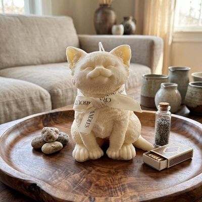Primary image for Hand-Carved Cat Candle Sculpture in Cream White with Decorative Ribbon