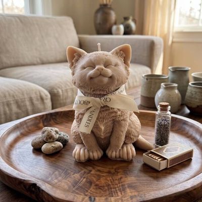 Alternate image for Hand-Carved Cat Candle Sculpture in Cream White with Decorative Ribbon