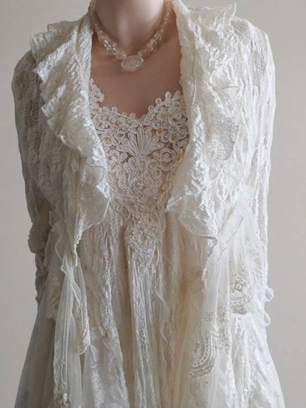 Alternate image for Romantic, Bohemian, cream lace two-piece dress and jacket.