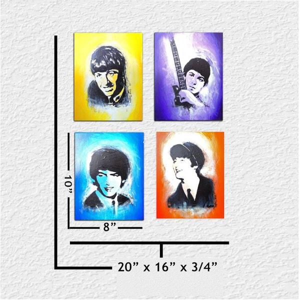 Alternate image for Fab Four - Set of 4 Original Acrylic Paintings on Stretched Canvas - 8 x 10 x 3/4 - Ringo, Paul, George, John - Unframed - Free Shipping