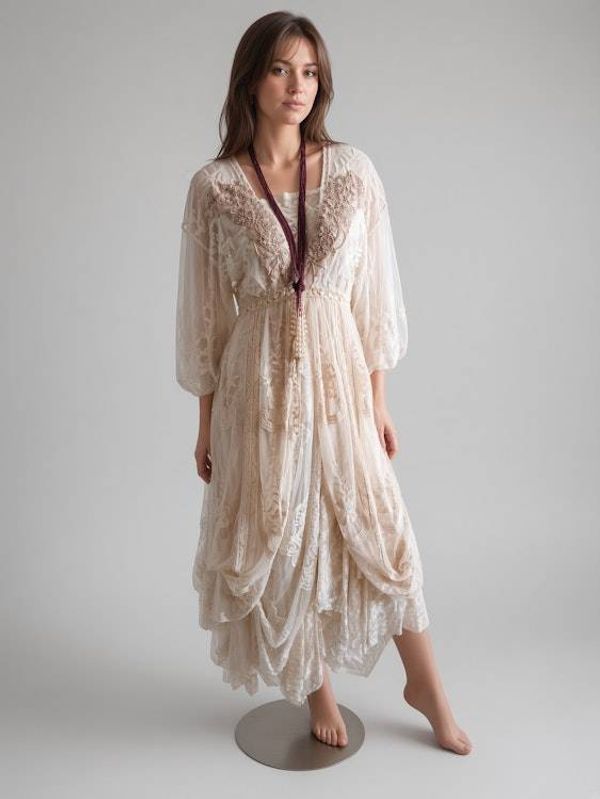 Alternate image for Unique cream layered, bohemian style dress.