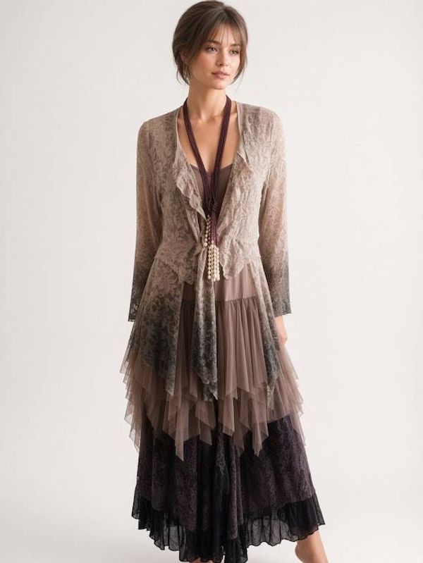 Alternate image for Bohemian Lace and Tulle Layered Ombré Dress with Victorian-Inspired Details