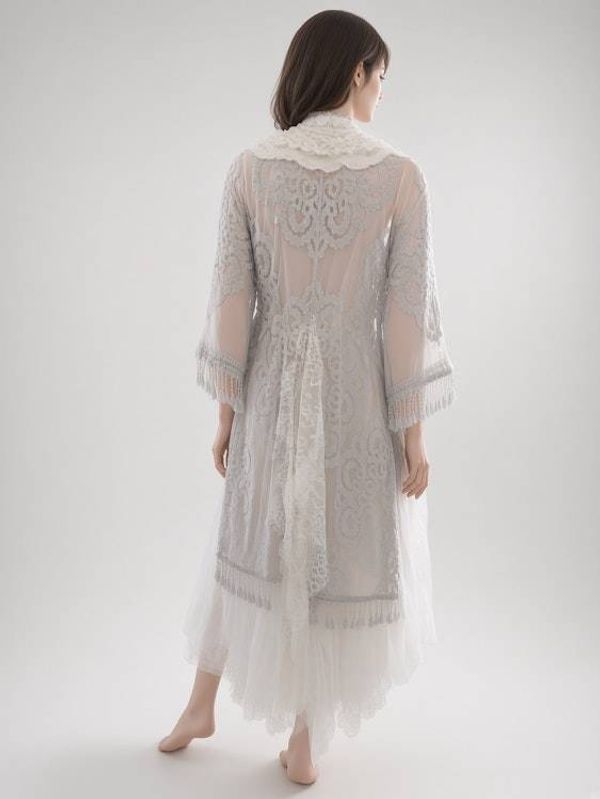 Alternate image for Ethereal Ivory and grey lace dress and robe set with embellished fringe detail