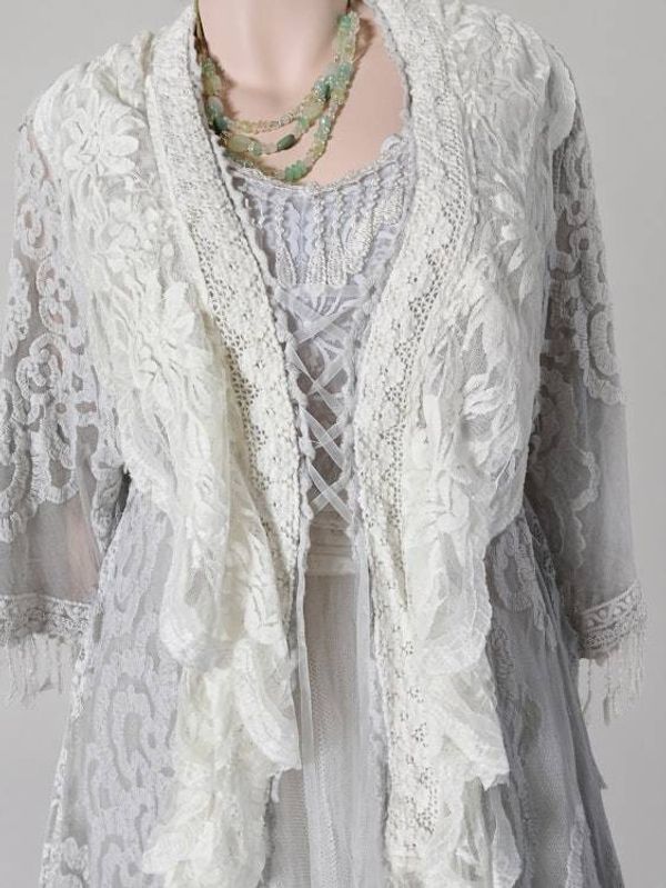 Alternate image for Ethereal Ivory and grey lace dress and robe set with embellished fringe detail