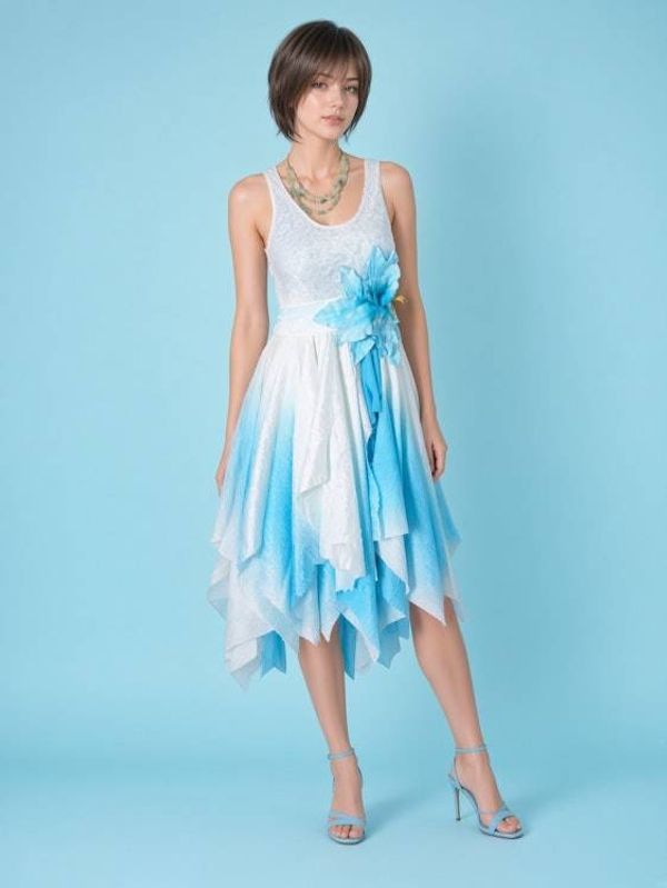 Alternate image for Handcrafted ombre dress with asymmetric hem in sky blue/ aqua and white