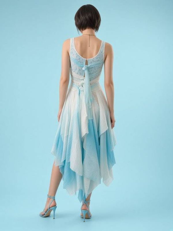 Alternate image for Handcrafted ombre dress with asymmetric hem in sky blue/ aqua and white