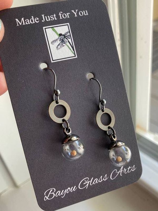 Alternate image for Mustard Seed Earrings, Glass Orbs with Free Moving Seed, Faith of a Mustard Seed Jewelry, Oxidized .925 Sterling Ear Wires