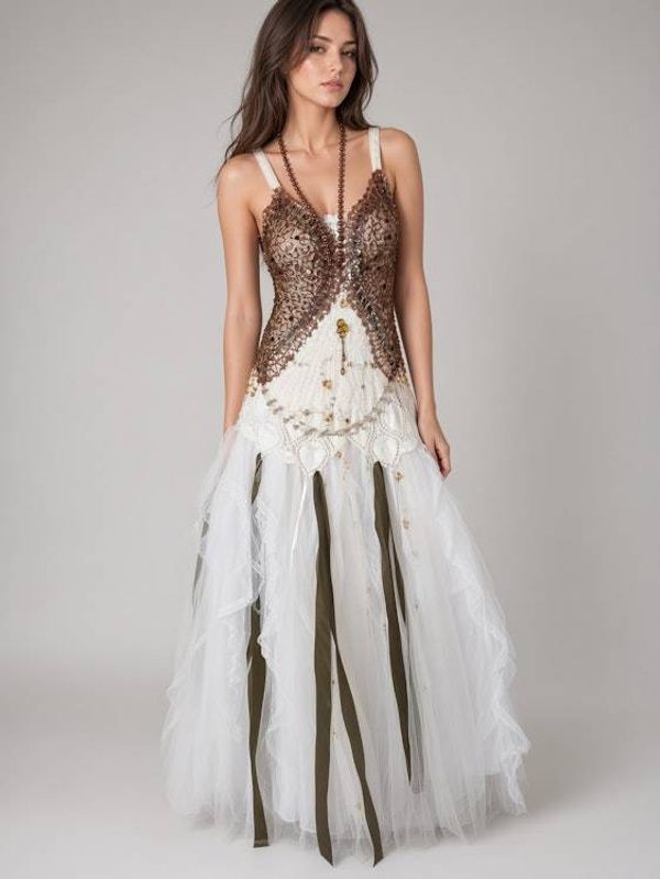 Alternate image for Handcrafted sequined tulle evening gown with lace-up back