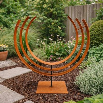 Alternate image for Abstract Metal Garden Sculpture | 30 Triple-Arc Rusted Steel Yard Art | Arcus